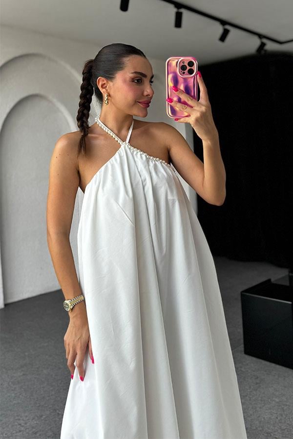 Anevay İnci Askılı Poplin Elbise-Beyaz