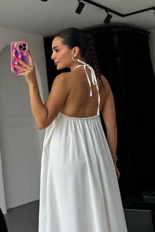 Anevay İnci Askılı Poplin Elbise-Beyaz