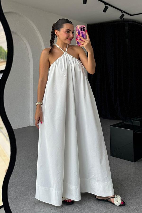 Anevay İnci Askılı Poplin Elbise-Beyaz