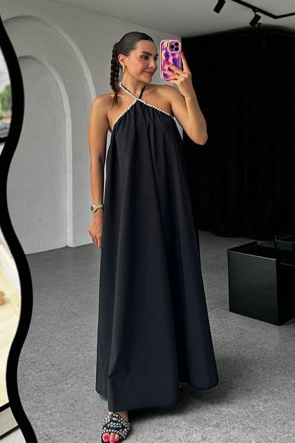 Anevay İnci Askılı Poplin Elbise-Siyah