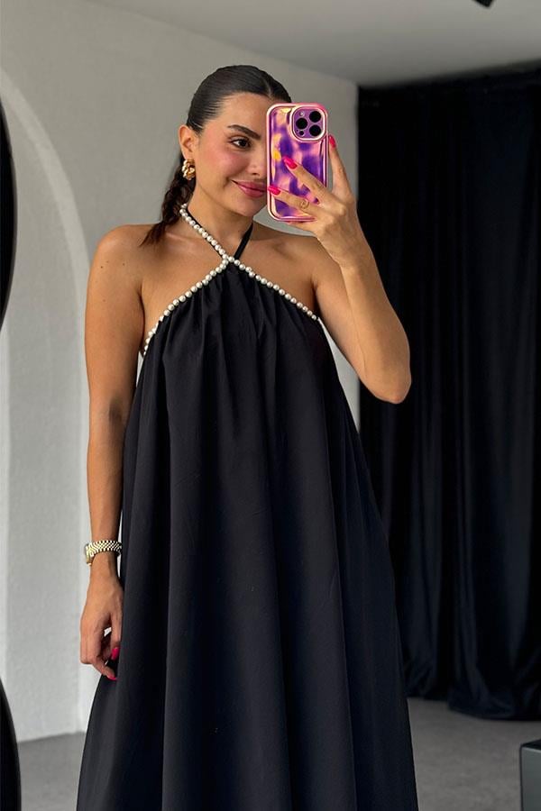 Anevay İnci Askılı Poplin Elbise-Siyah