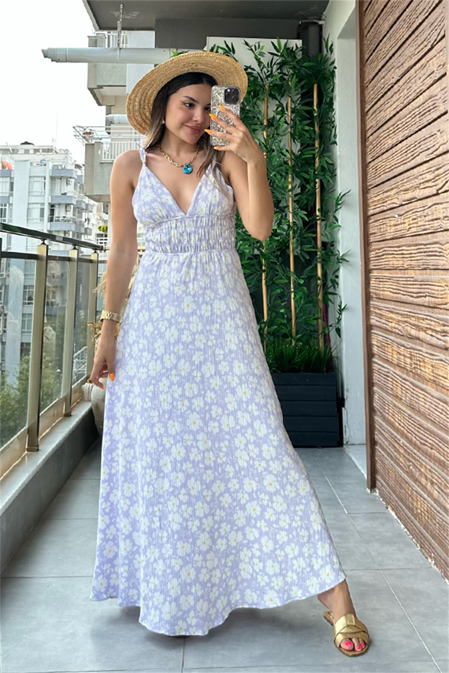 Angel lila papatya desen yazlık elbise