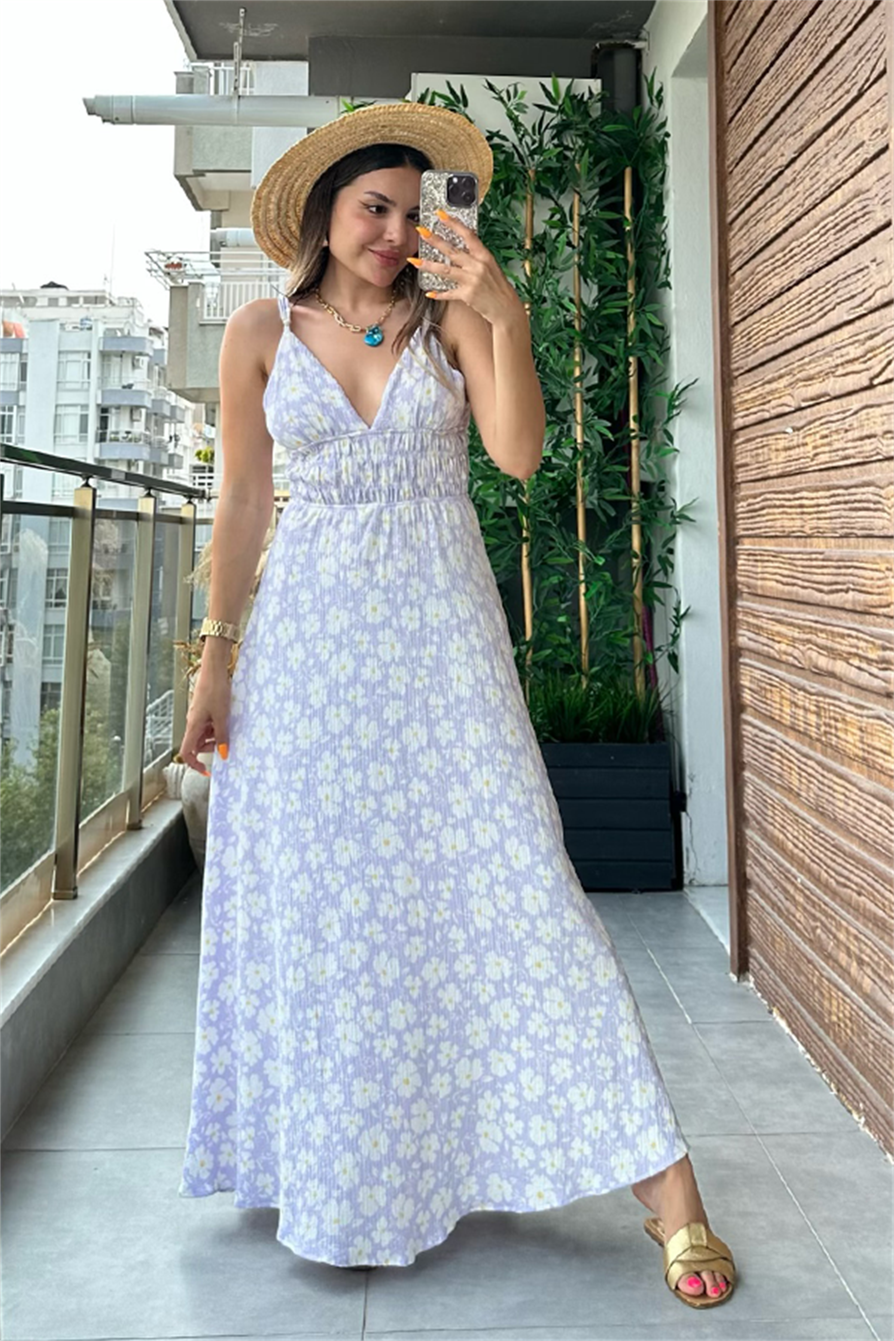 Angel lila papatya desen yazlık elbise