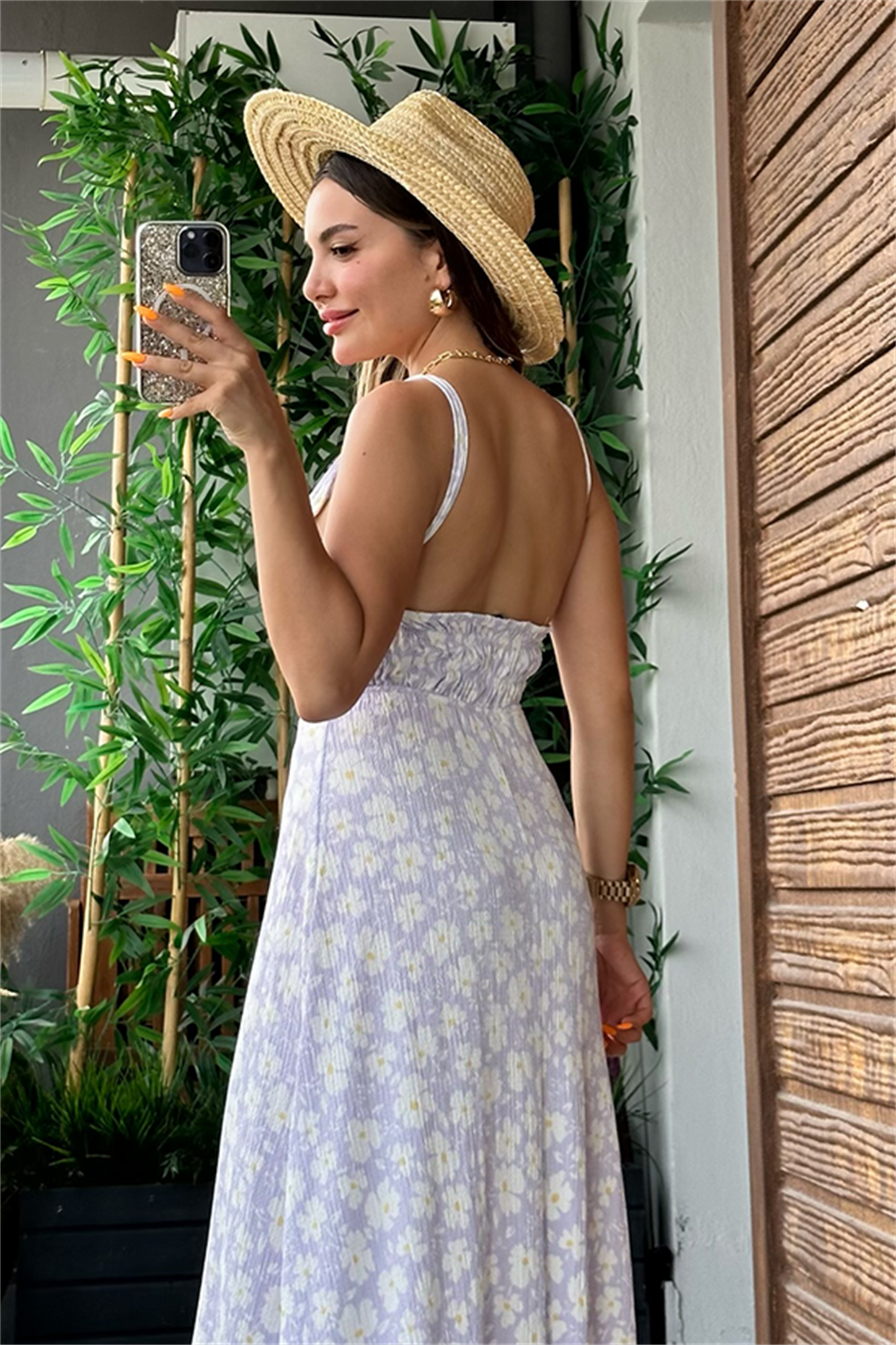 Angel lila papatya desen yazlık elbise