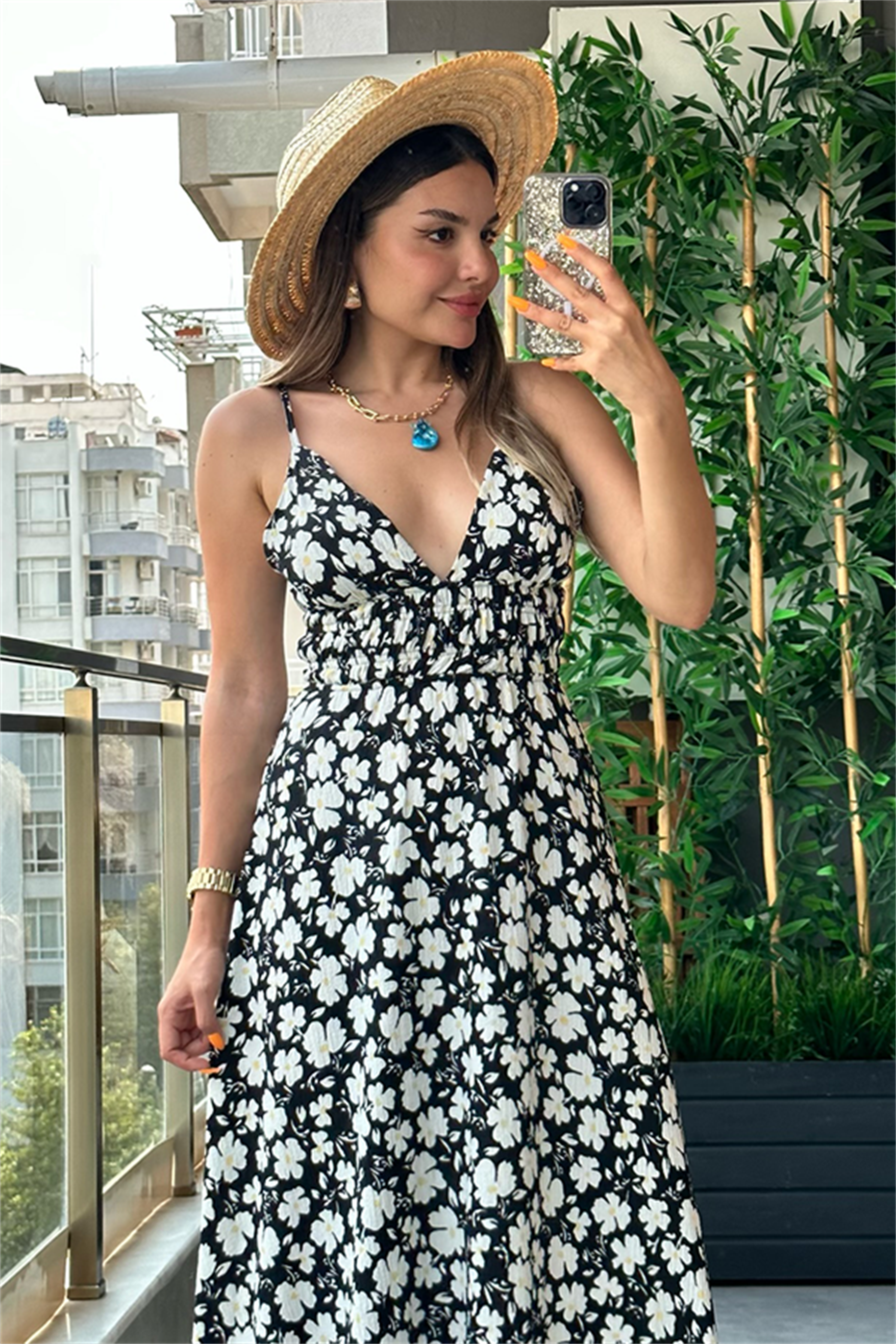 Angel siyah papatya desen yazlık elbise