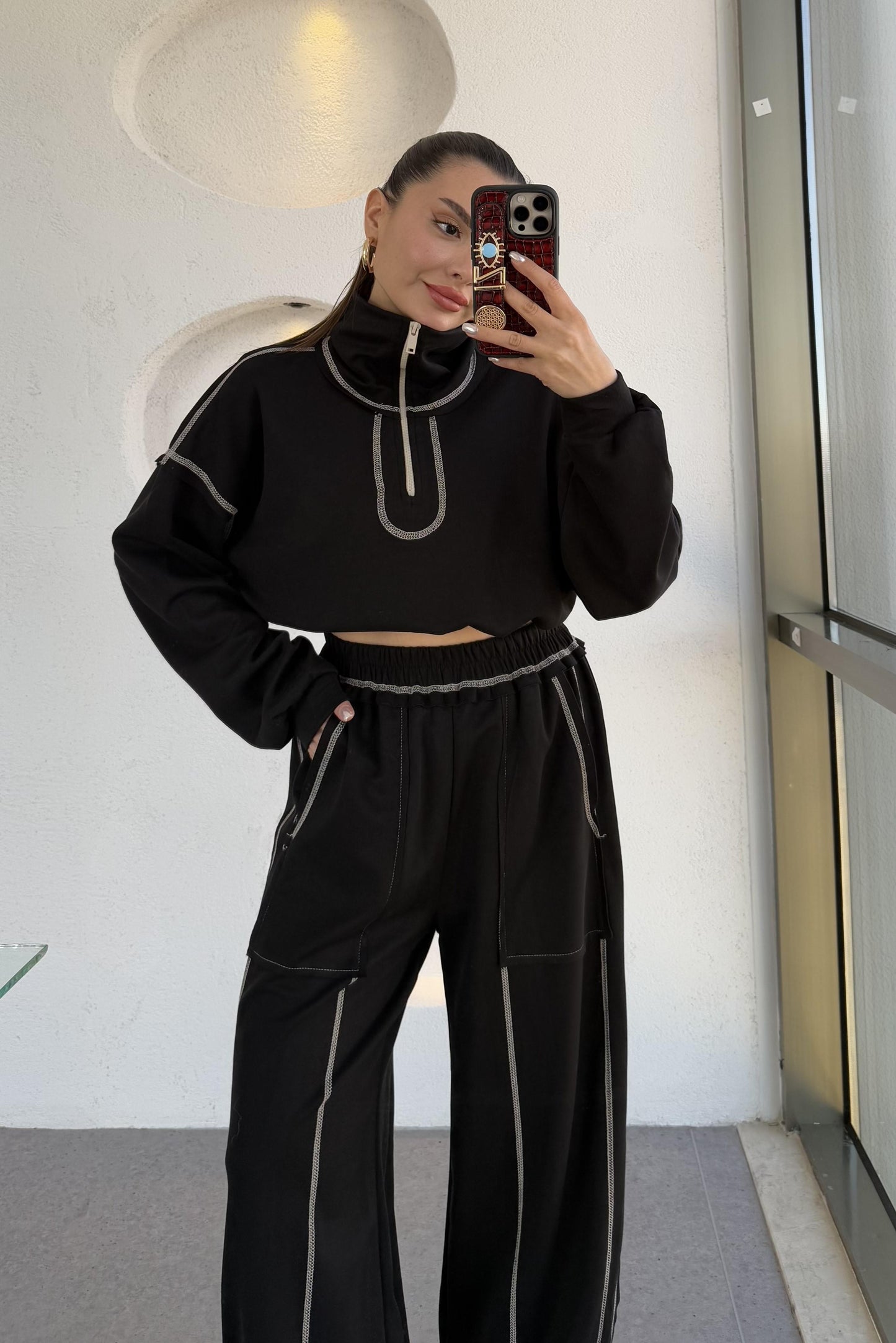 Angeles Siyah Ters Dikiş Modal Takım