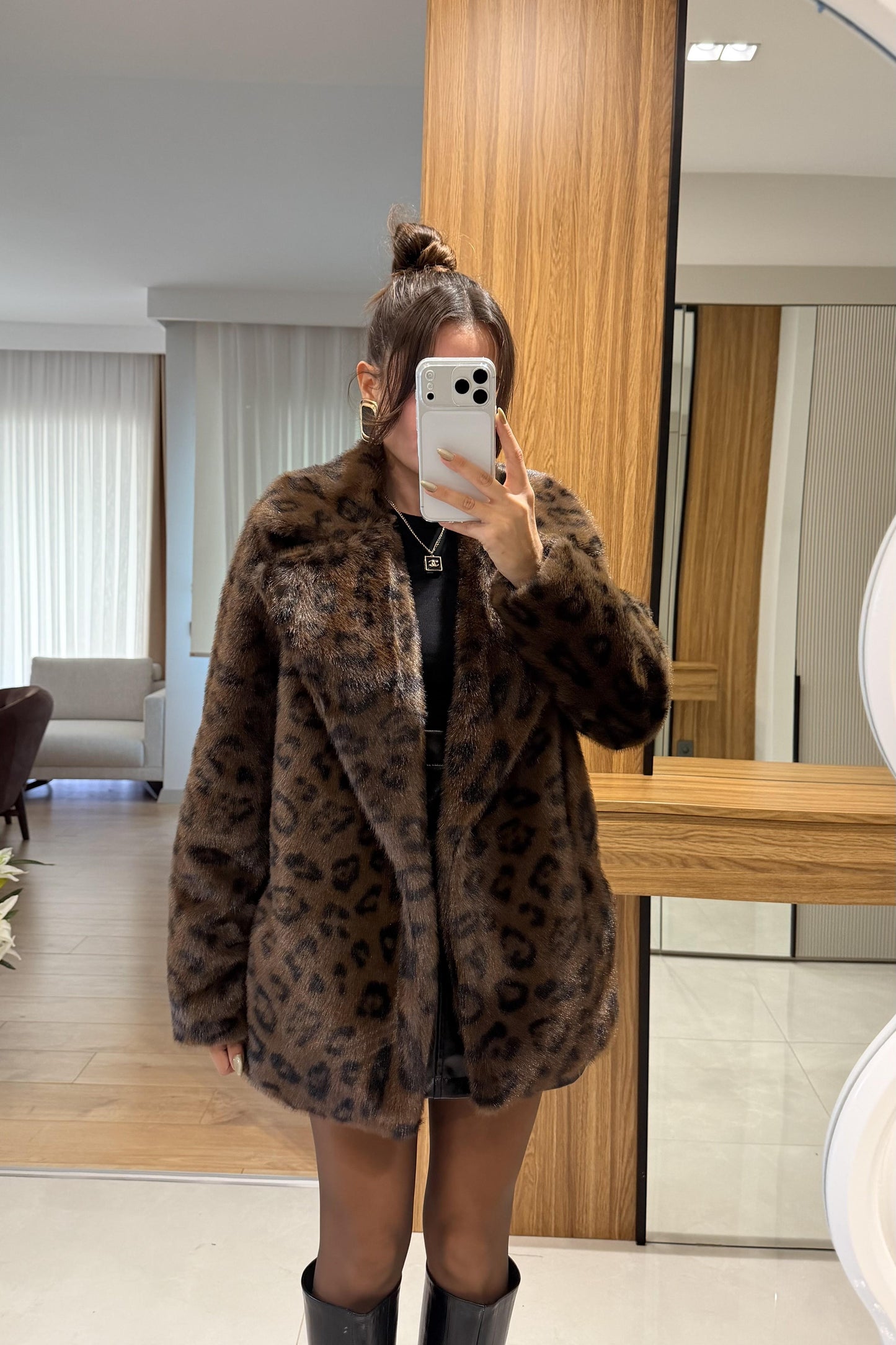 Angels Acı Kahve Leopar Desen Yakalı Kürk