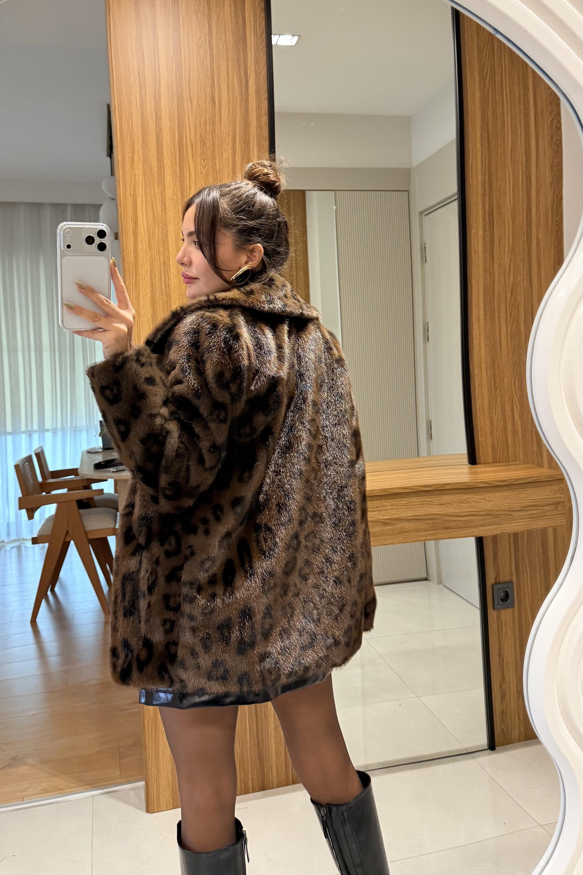 Angels Acı Kahve Leopar Desen Yakalı Kürk