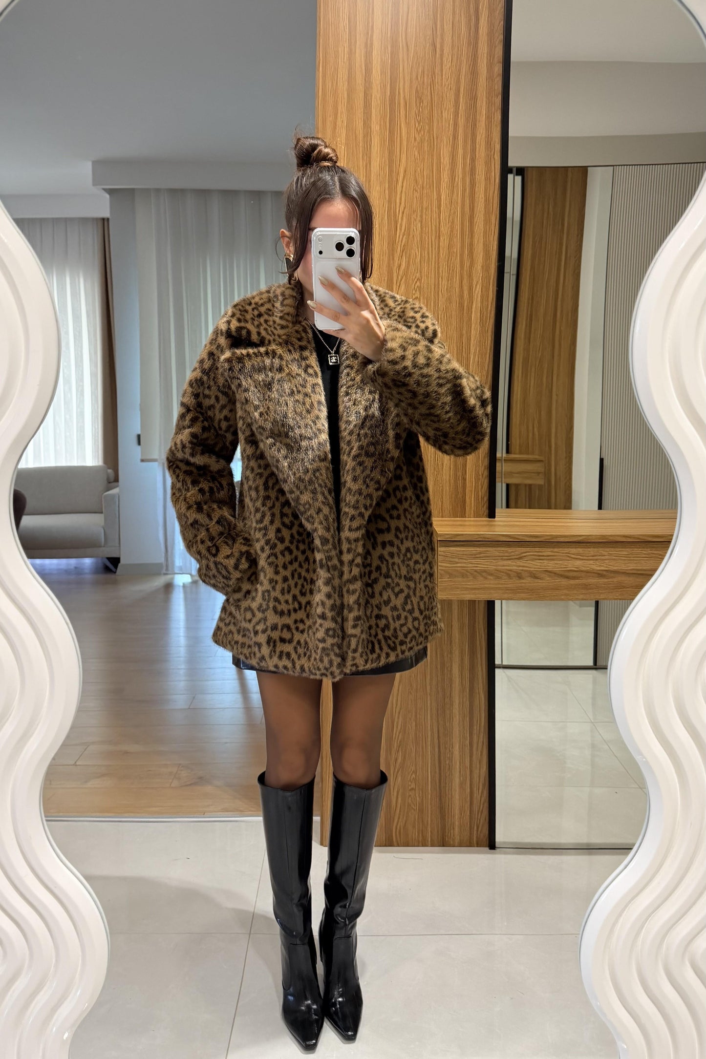 Angels Camel Leopar Desen Yakalı Kürk