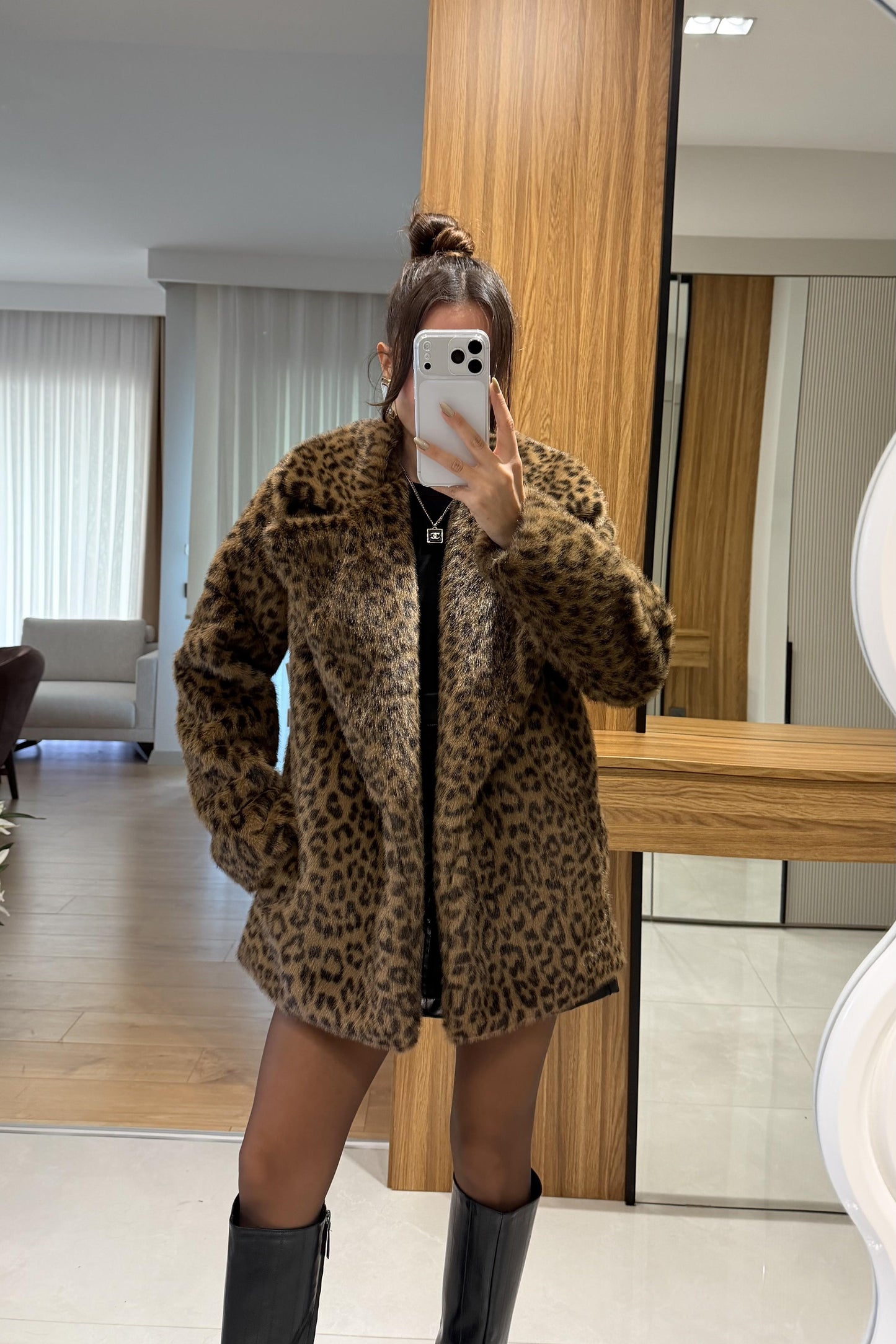 Angels Camel Leopar Desen Yakalı Kürk