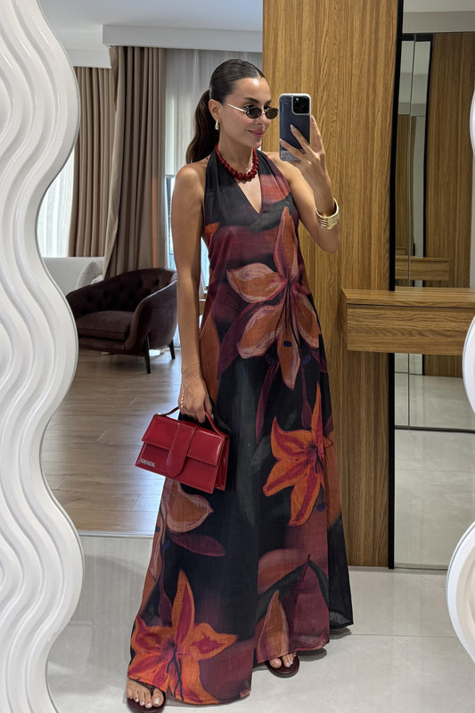 Angola Sırt Dekolteli Büyük Çiçek Desenli Siyah Maxi Elbise