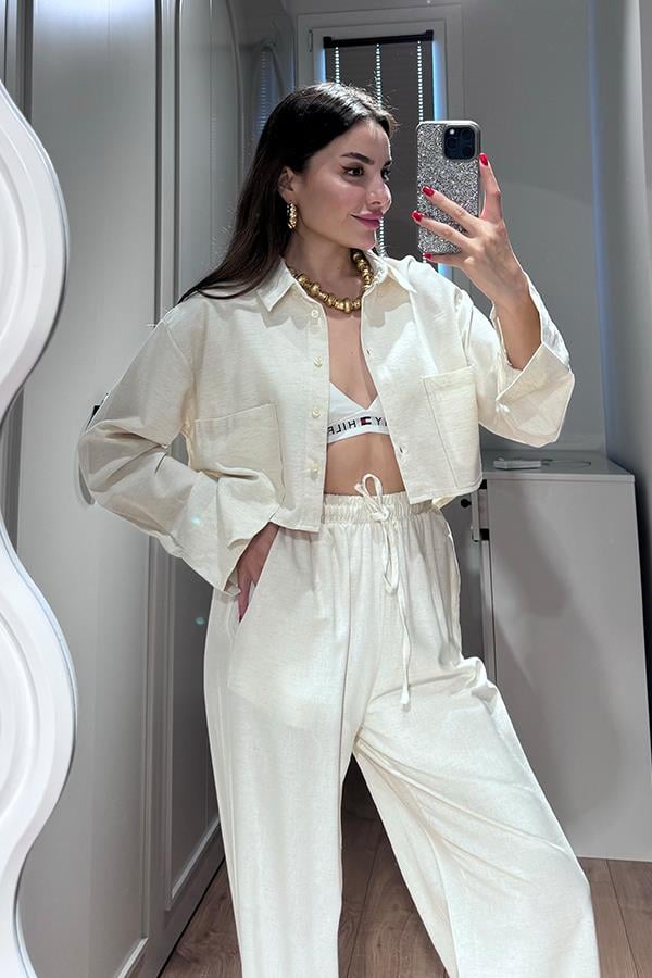 Annet Cep Detaylı Keten Takım - Ekru