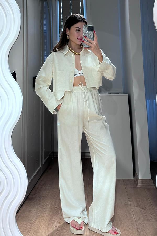 Annet Cep Detaylı Keten Takım - Ekru