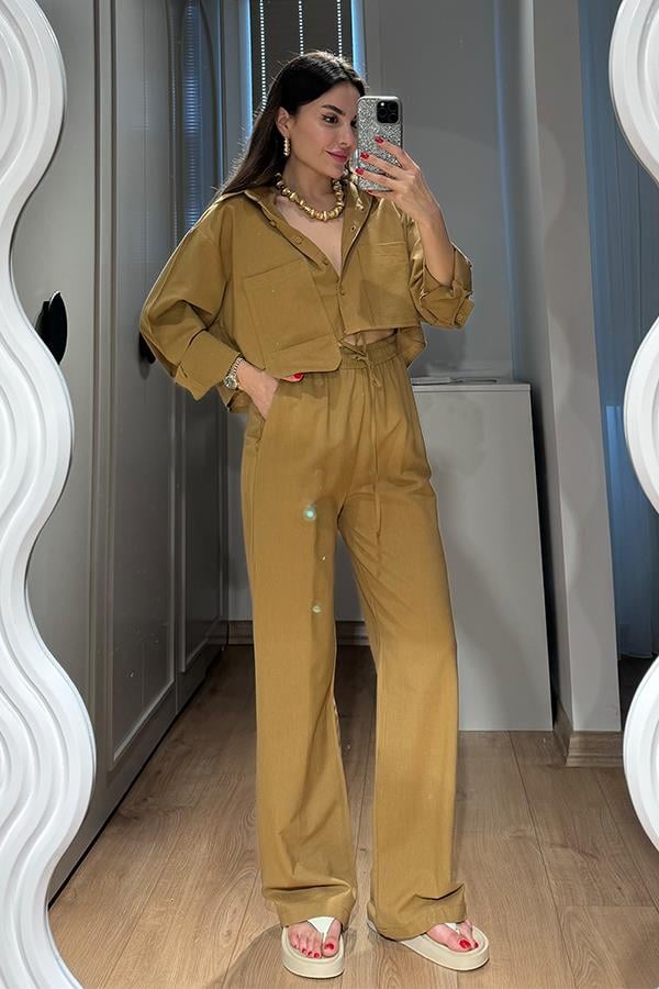 Annet Cep Detaylı Keten Takım - Hardal
