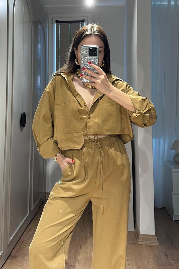 Annet Cep Detaylı Keten Takım - Hardal