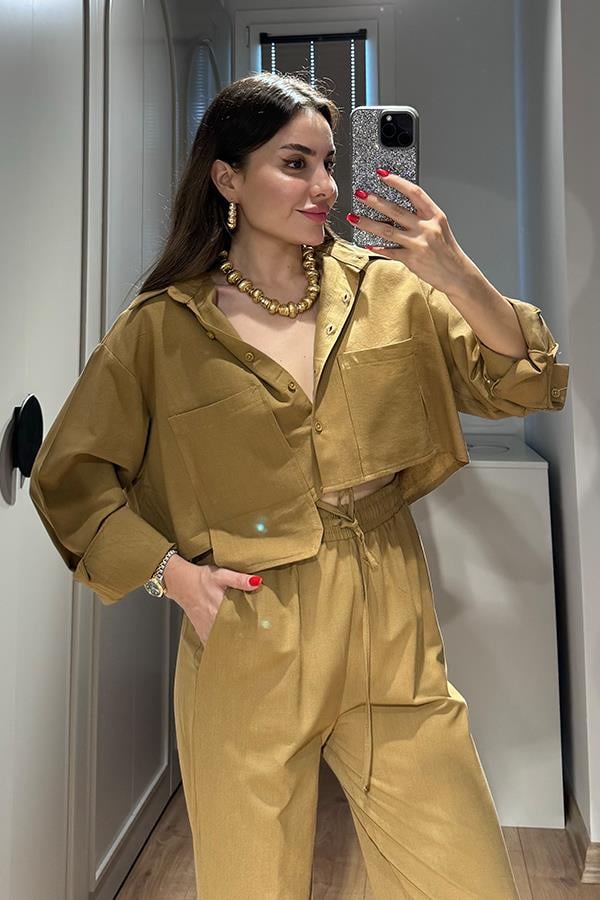 Annet Cep Detaylı Keten Takım - Hardal