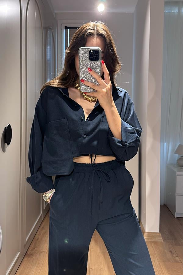 Annet Cep Detaylı Keten Takım - Lacivert