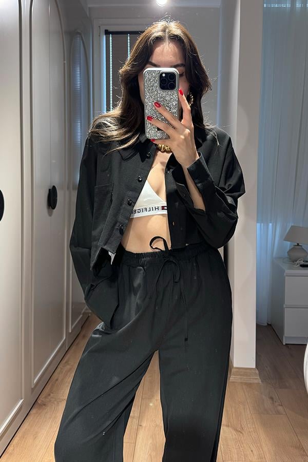 Annet Cep Detaylı Keten Takım - Siyah