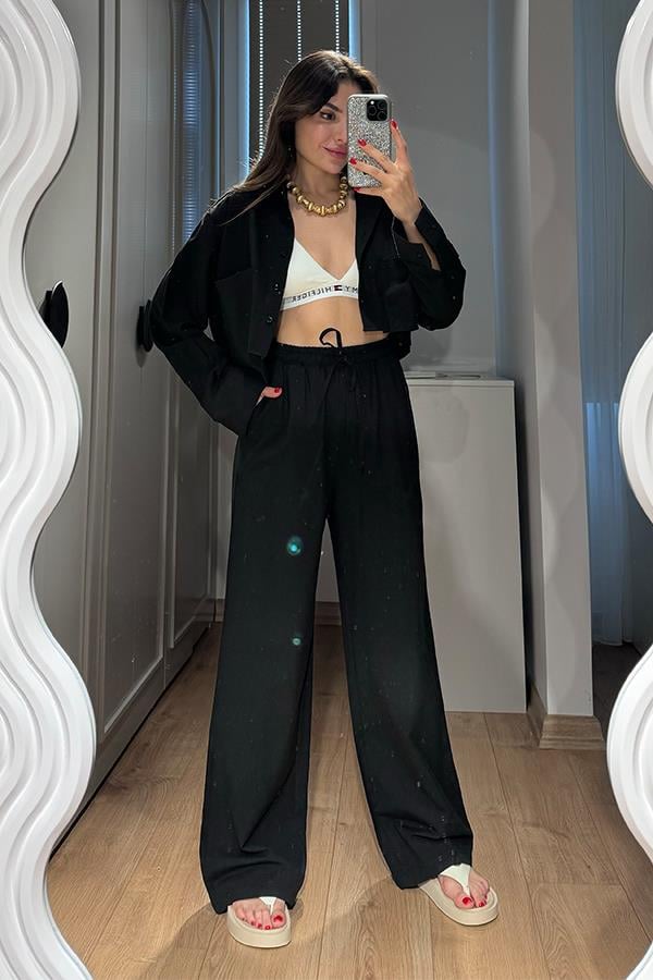 Annet Cep Detaylı Keten Takım - Siyah