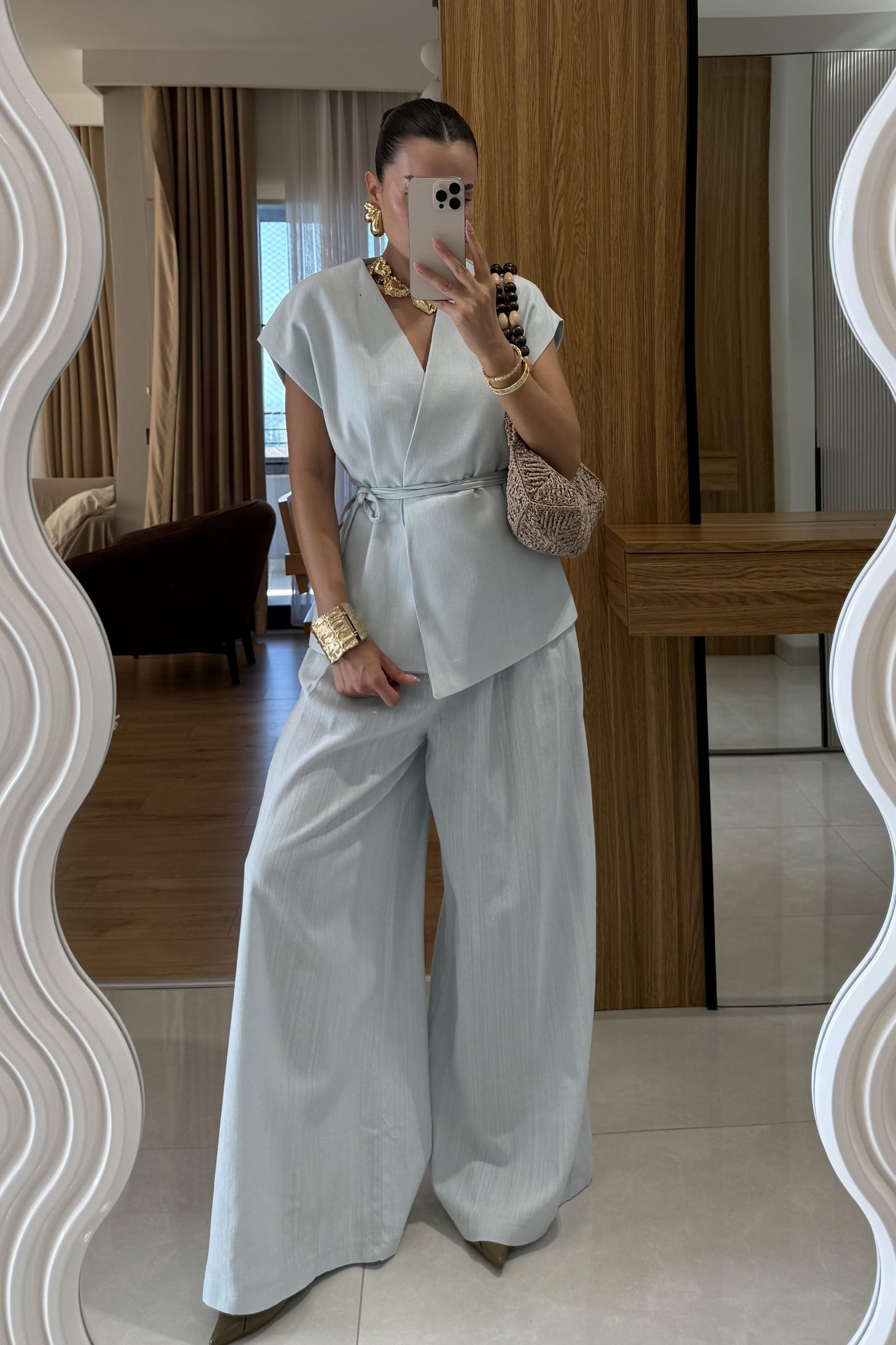 Anselie Mavi Keten Yelek Pantolon Takım