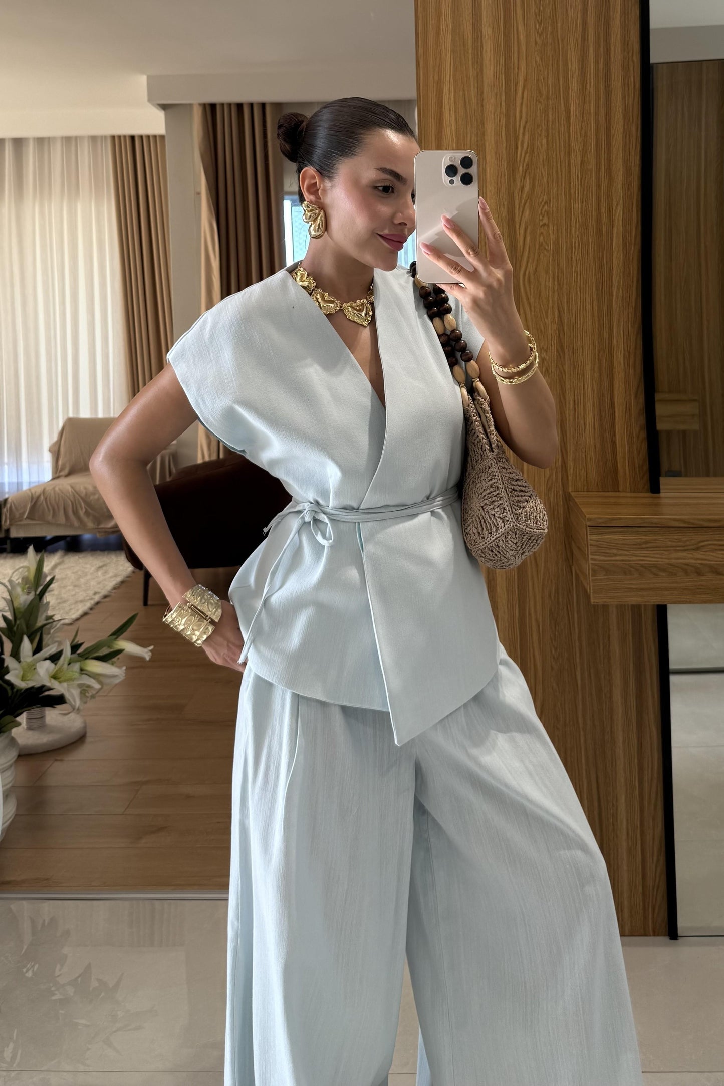 Anselie Mavi Keten Yelek Pantolon Takım