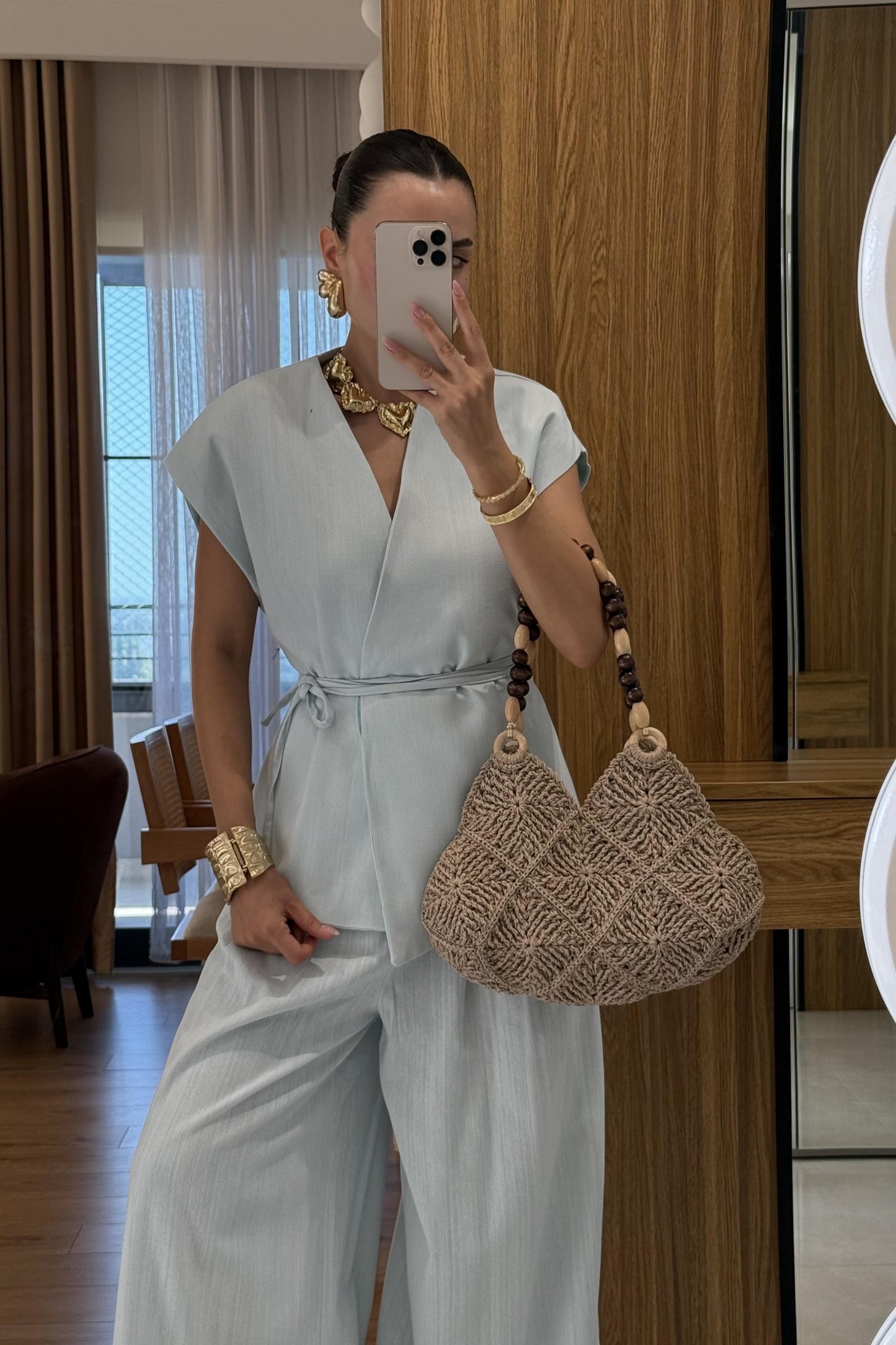 Anselie Mavi Keten Yelek Pantolon Takım