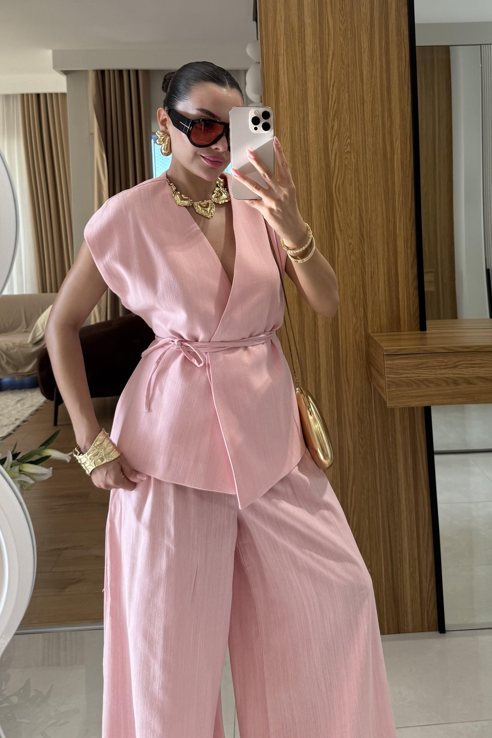 Anselie Pembe Keten Yelek Pantolon Takım