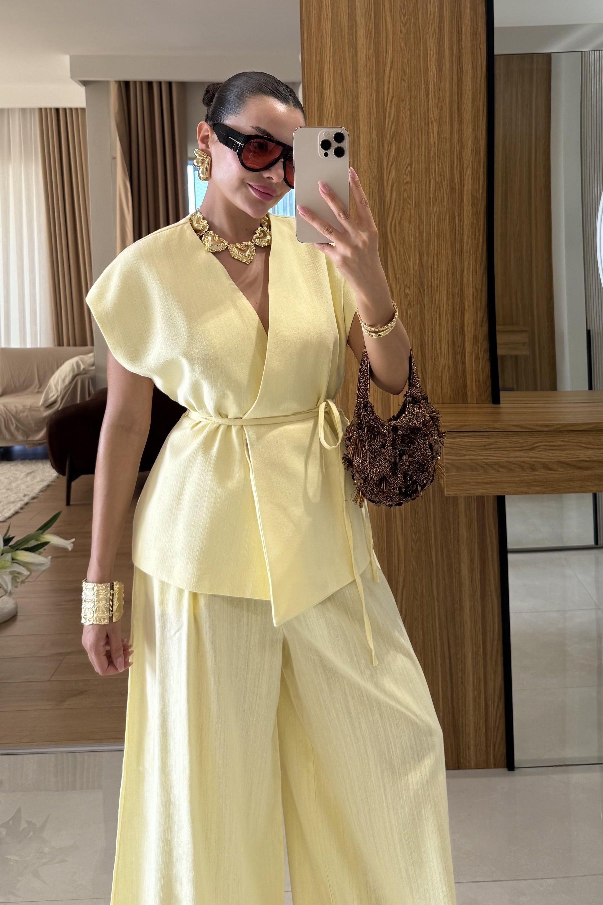 Anselie Sarı Keten Yelek Pantolon Takım