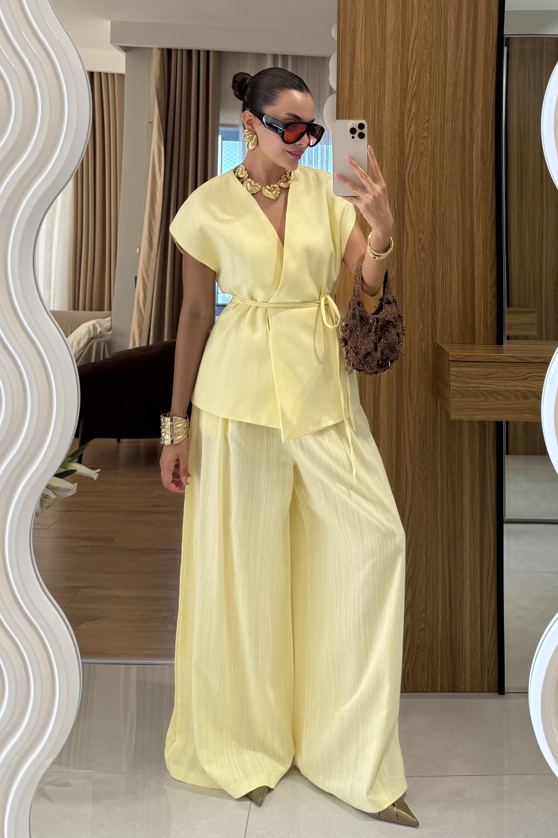 Anselie Sarı Keten Yelek Pantolon Takım