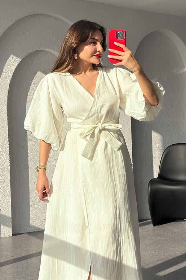 Antelo Müslin Kumaş Balon Kol Elbise - Beyaz