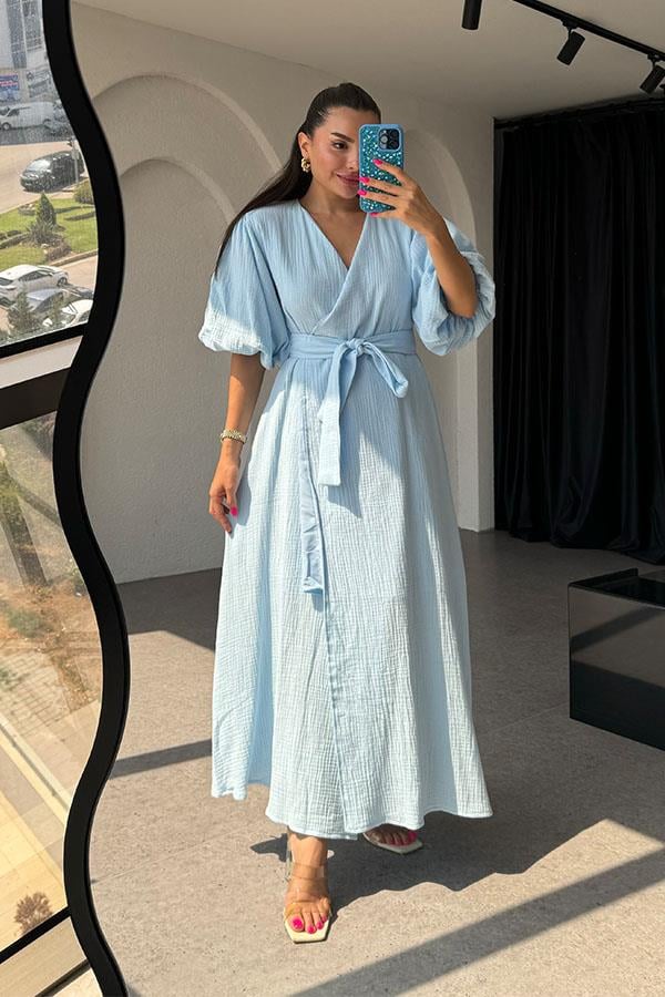 Antelo Müslin Kumaş Balon Kol Elbise - Bebe Mavi