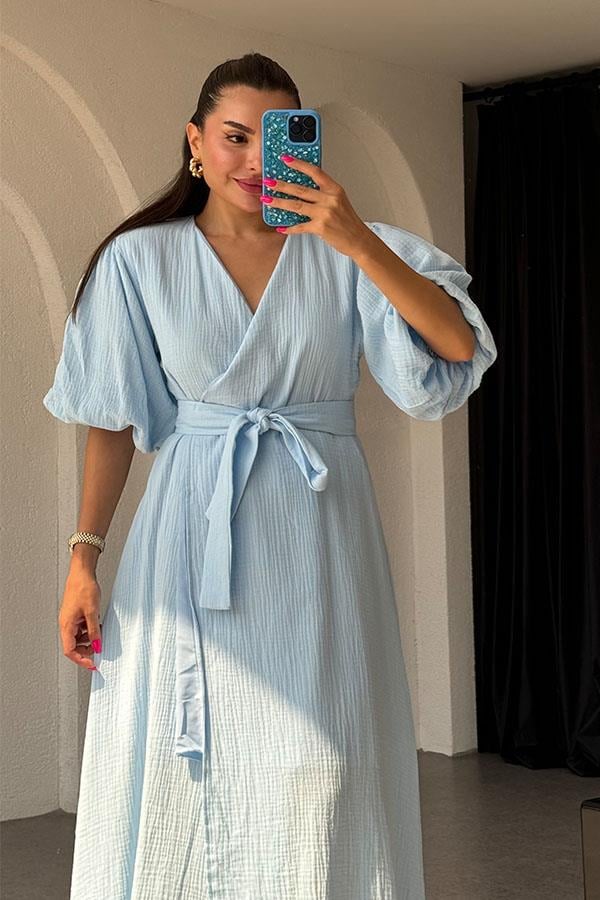 Antelo Müslin Kumaş Balon Kol Elbise - Bebe Mavi