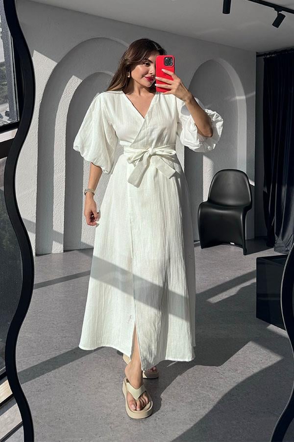 Antelo Müslin Kumaş Balon Kol Elbise - Beyaz