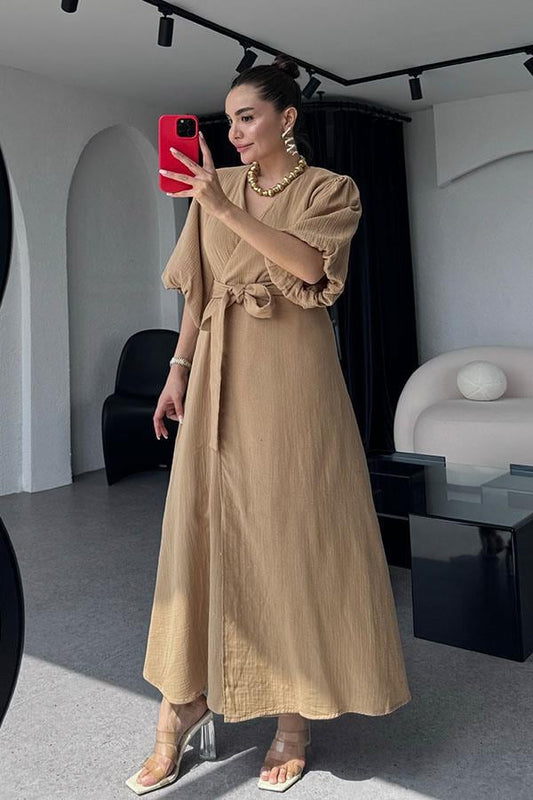 Antelo Müslin Kumaş Balon Kol Elbise - Karamel