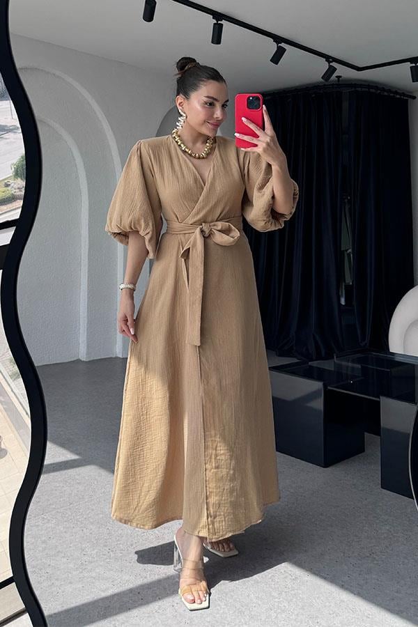 Antelo Müslin Kumaş Balon Kol Elbise - Karamel