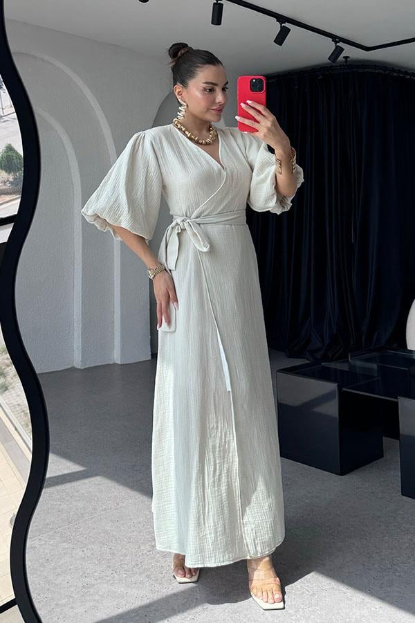 Antelo Müslin Kumaş Balon Kol Elbise - Krem