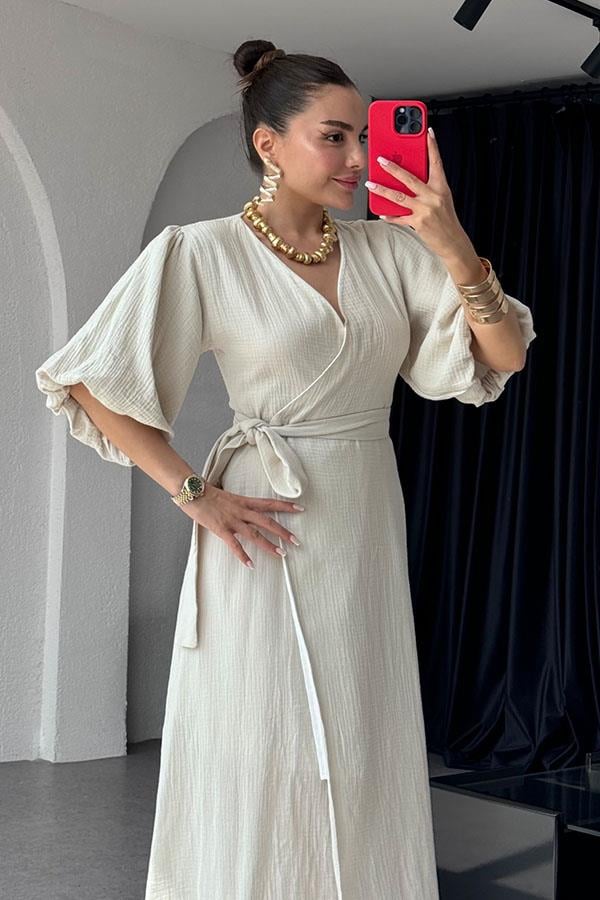 Antelo Müslin Kumaş Balon Kol Elbise - Krem