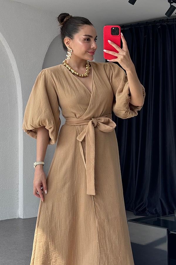 Antelo Müslin Kumaş Balon Kol Elbise - Karamel