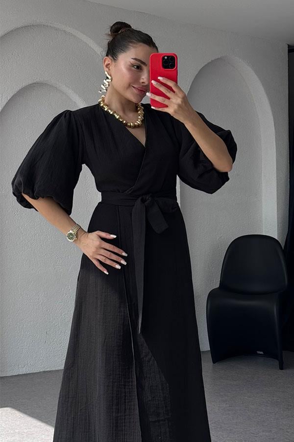 Antelo Müslin Kumaş Balon Kol Elbise - Siyah