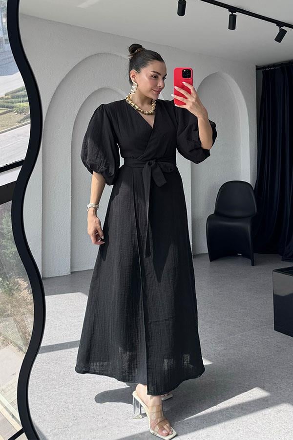 Antelo Müslin Kumaş Balon Kol Elbise - Siyah