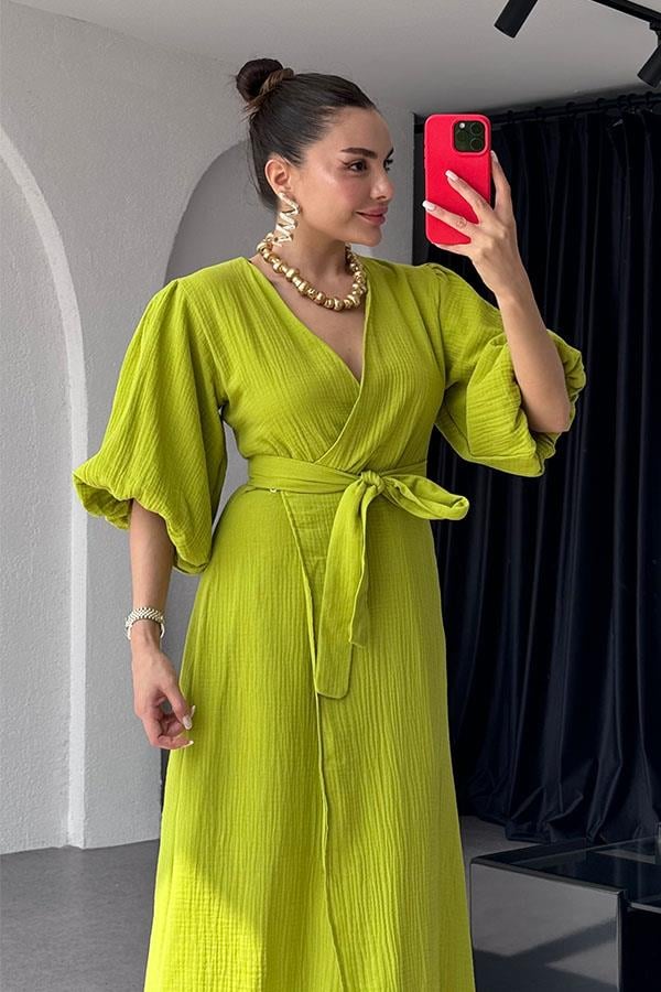 Antelo Müslin Kumaş Balon Kol Elbise - Yeşil