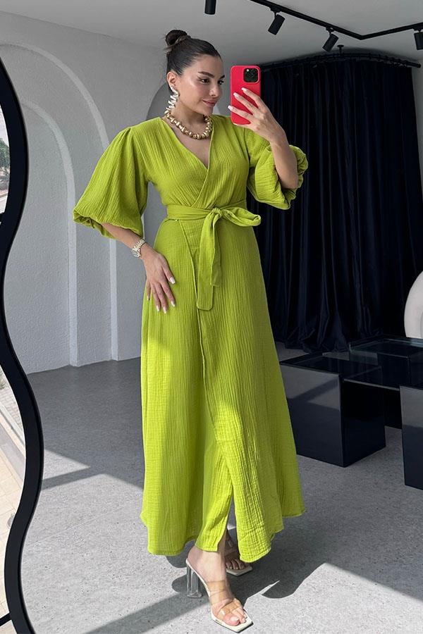 Antelo Müslin Kumaş Balon Kol Elbise - Yeşil