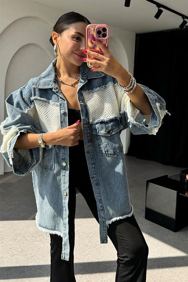 Antone Beyaz Fileli Kot Ceket