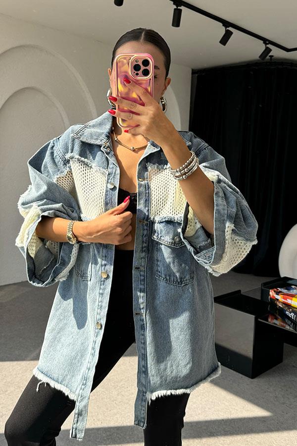 Antone Beyaz Fileli Kot Ceket