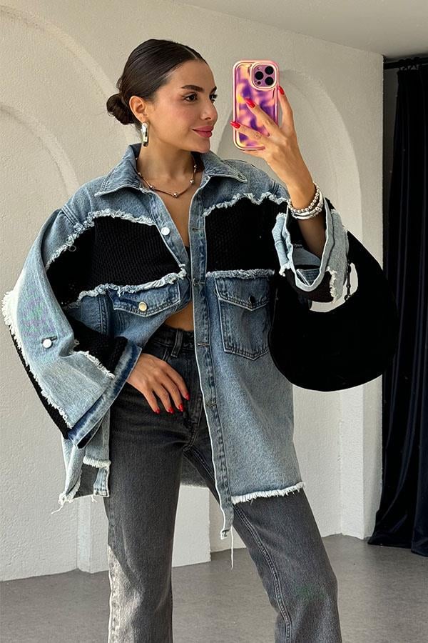 Antone Siyah Fileli Kot Ceket