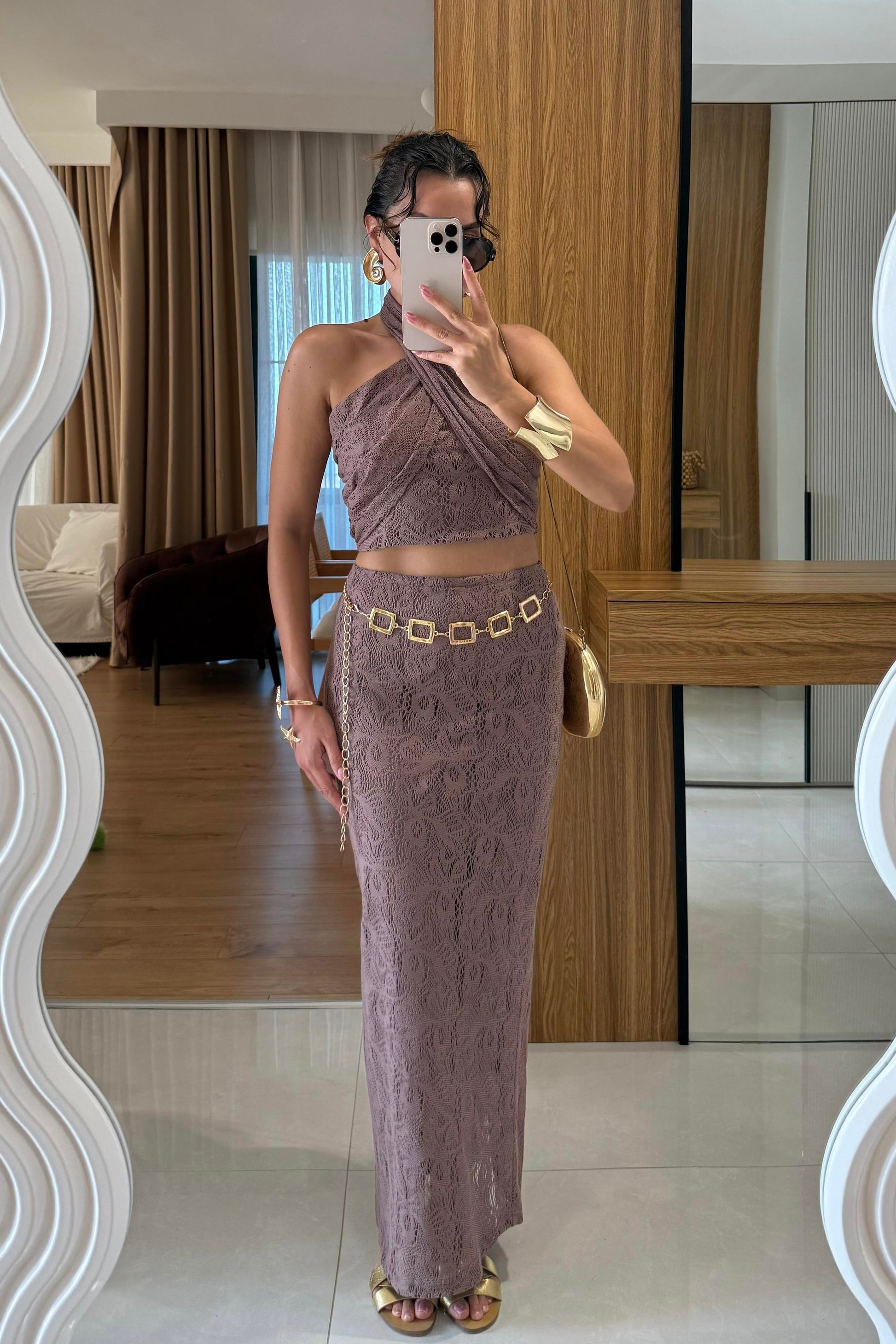 Antonio Kahve Dantel Boyundan Bağlamalı Takım