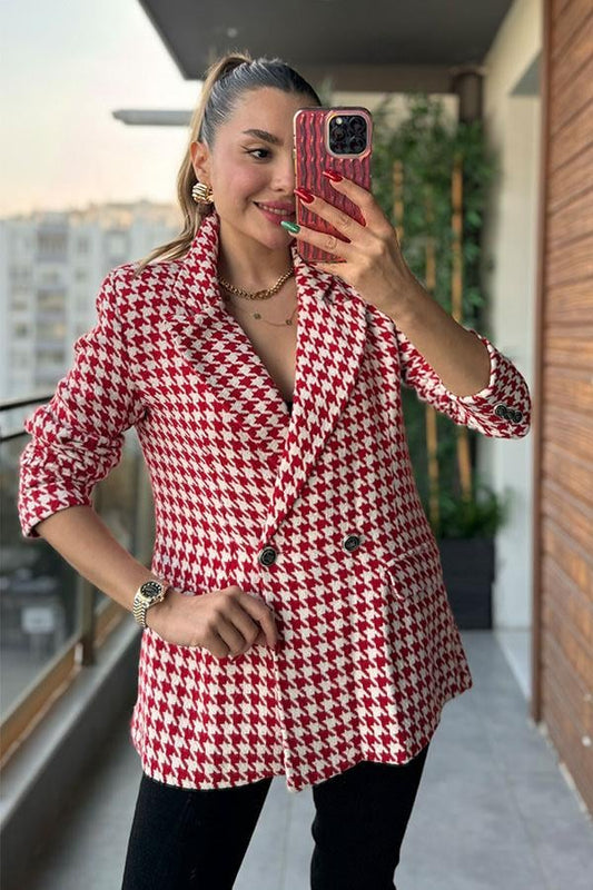 Aoron Kazayağı Desenli Blazer Ceket - Kırmızı