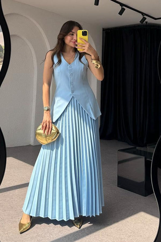 Ardea Piliseli Etekli Tasarım Takım-Bebe Mavi