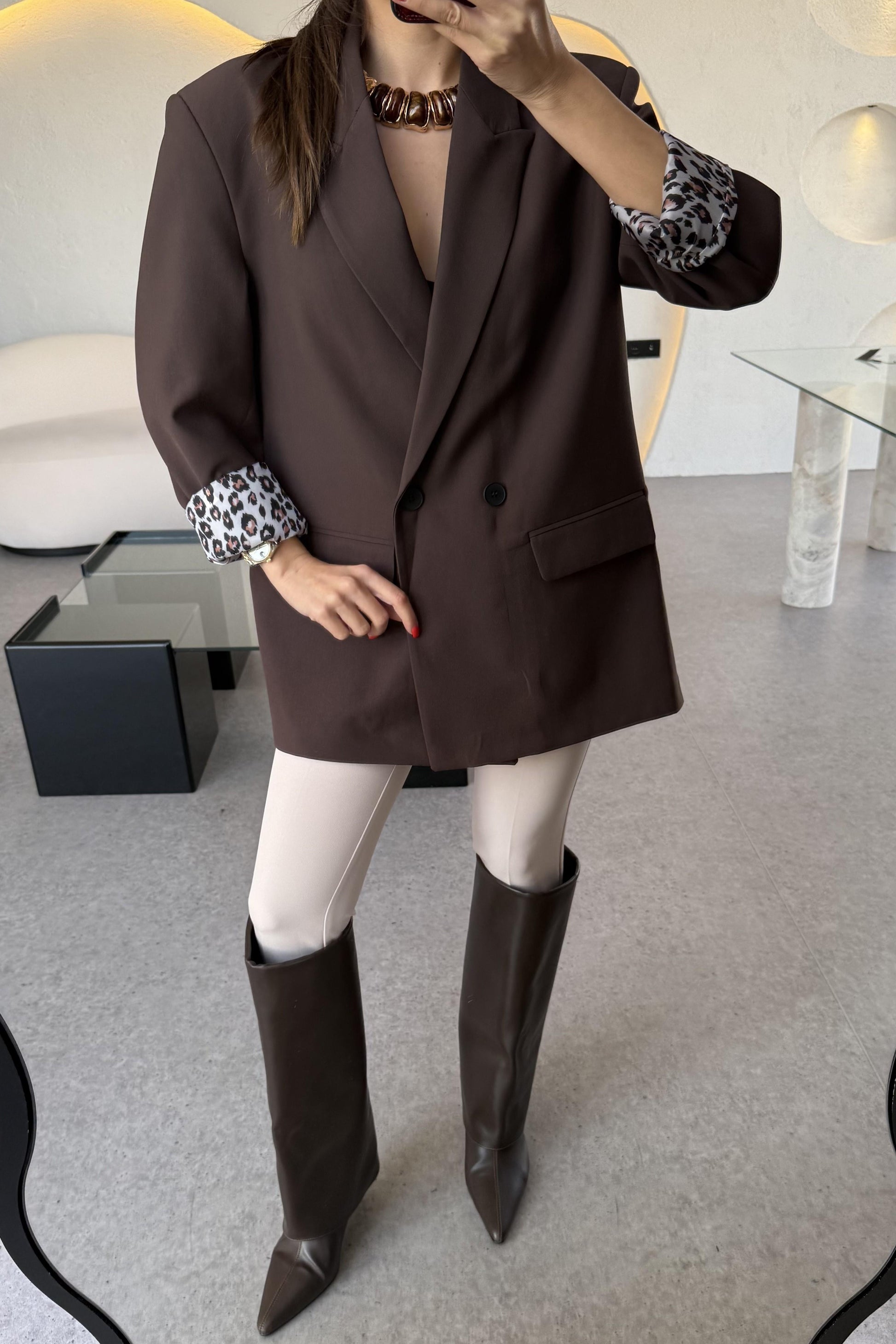 Aspera Acı Kahve Leopar Astarlı Blazer