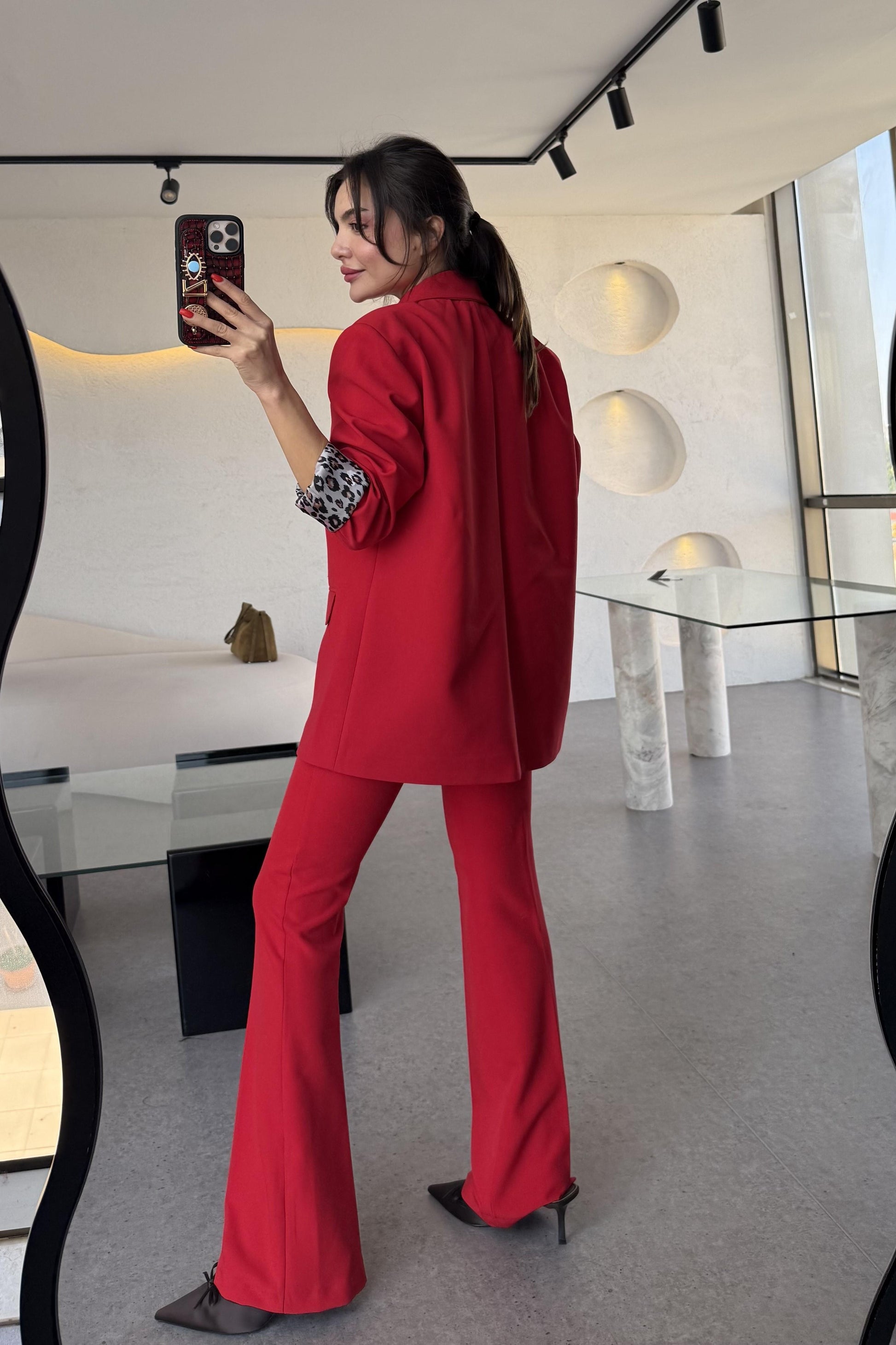 Aspera Kırmızı Leopar Astarlı Blazer